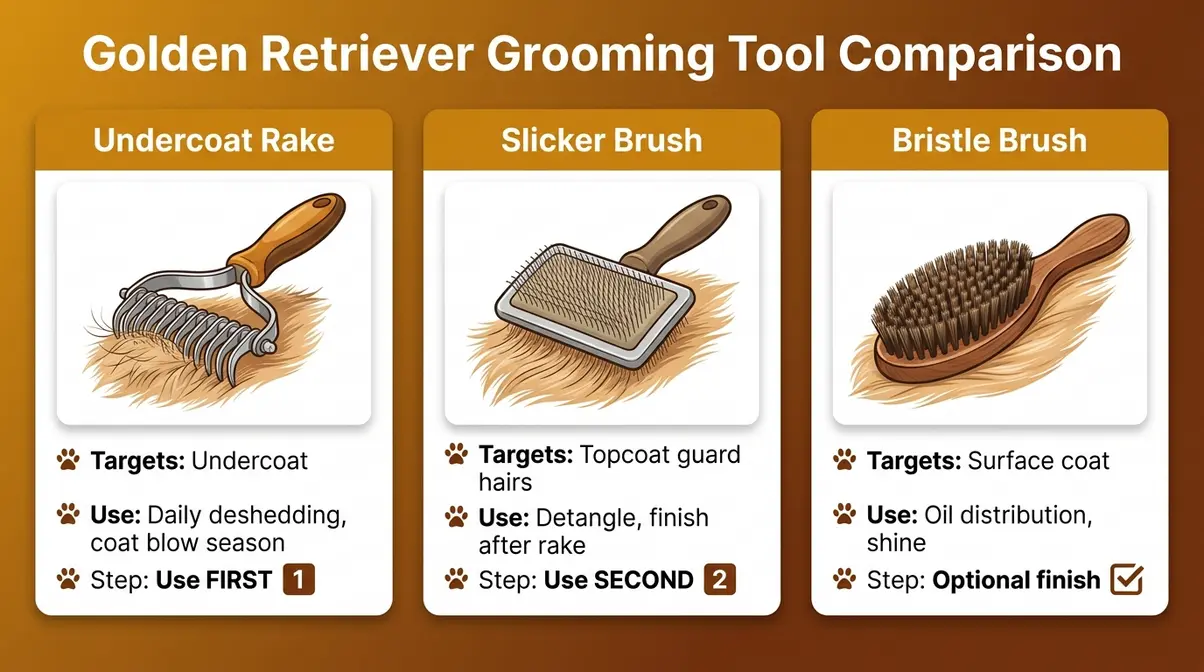 Comparison chart showing three golden retriever grooming tools with use cases for managing shedding
