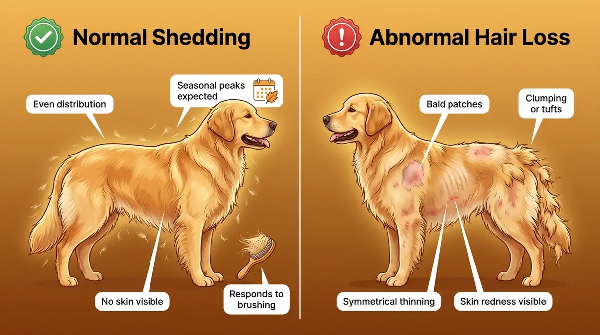 Visual guide comparing normal golden retriever shedding patterns to abnormal bald patches and clumping hair loss signs