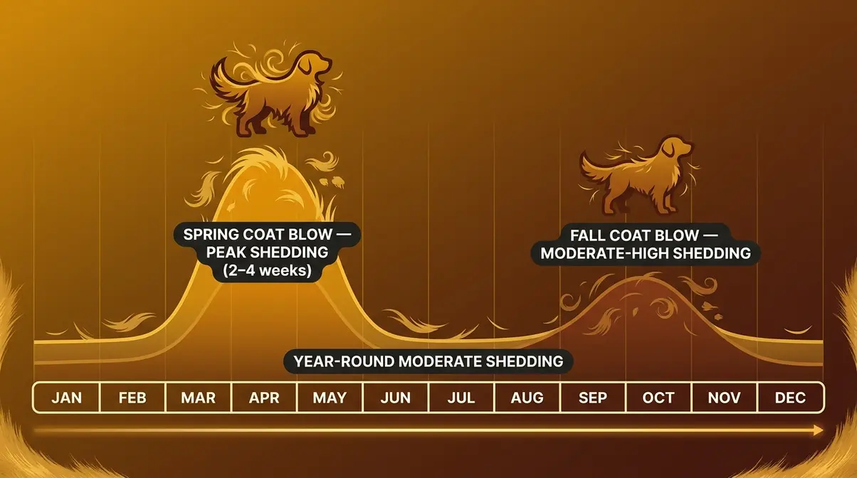 Infographic showing golden retriever shedding seasons with spring and fall coat blow peaks and year-round moderate shedding