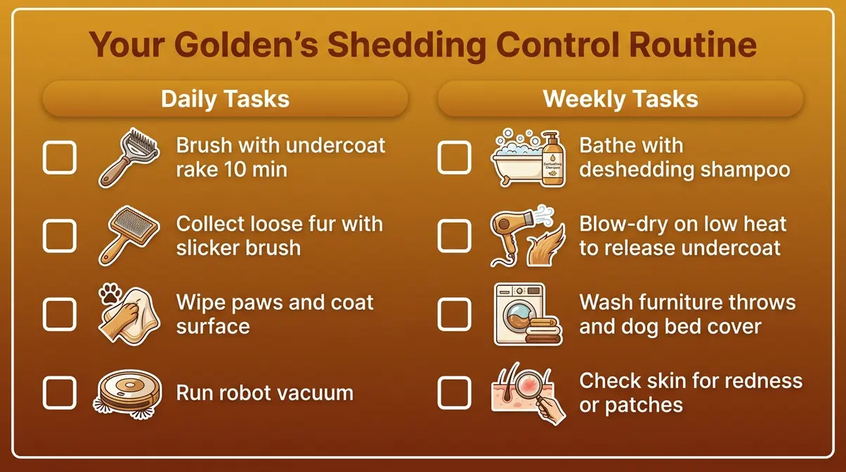 Printable checklist showing daily brushing and weekly bathing routine for managing golden retriever shedding