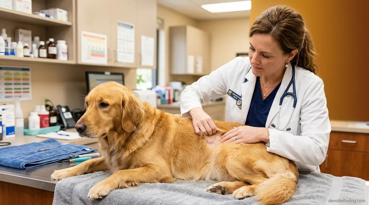 Veterinarian examining Golden Retriever coat and skin for signs of abnormal hair loss