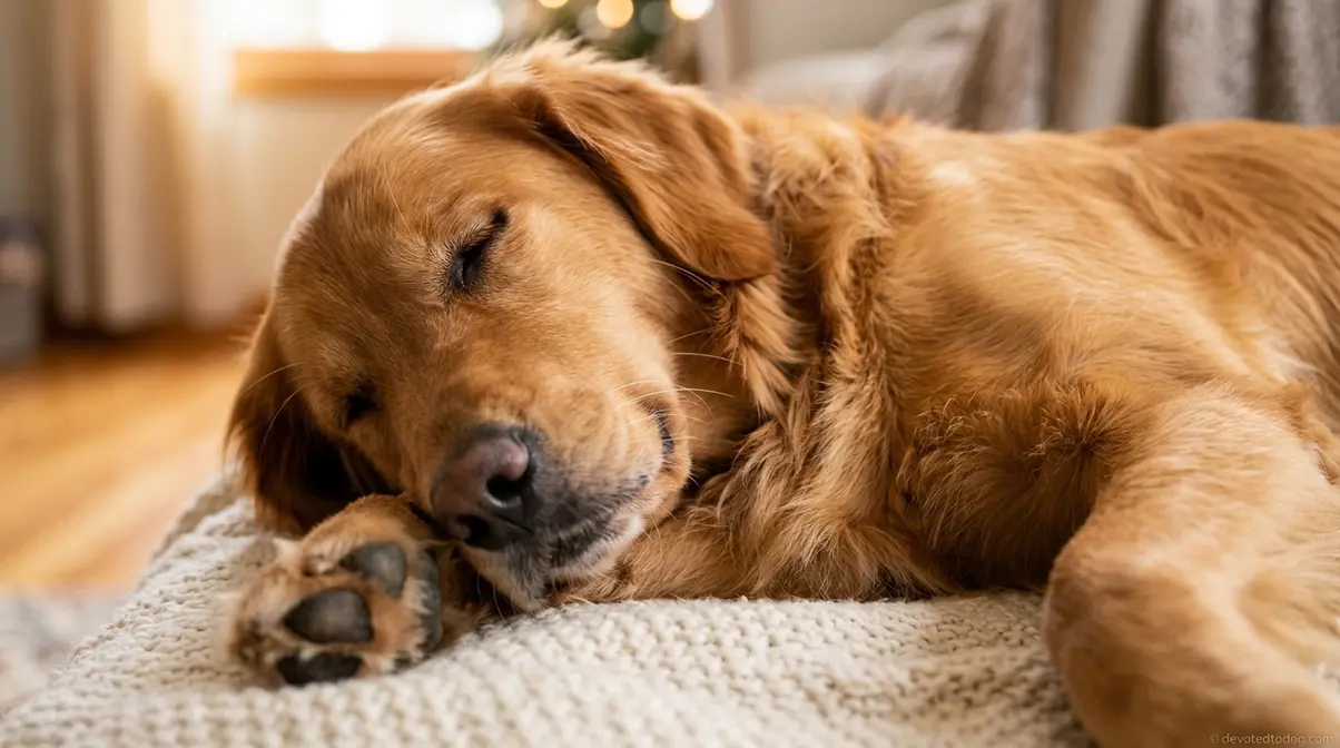Close-up of a golden retriever's face and chest showing normal relaxed breathing during sleep