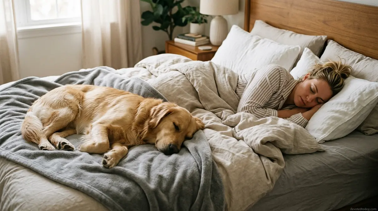 Golden retriever sleeping on a bed beside their owner showing co-sleeping bonding behavior