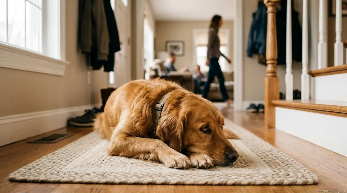 Golden retriever in lion's pose with head resting on front paws in alert light sleep position