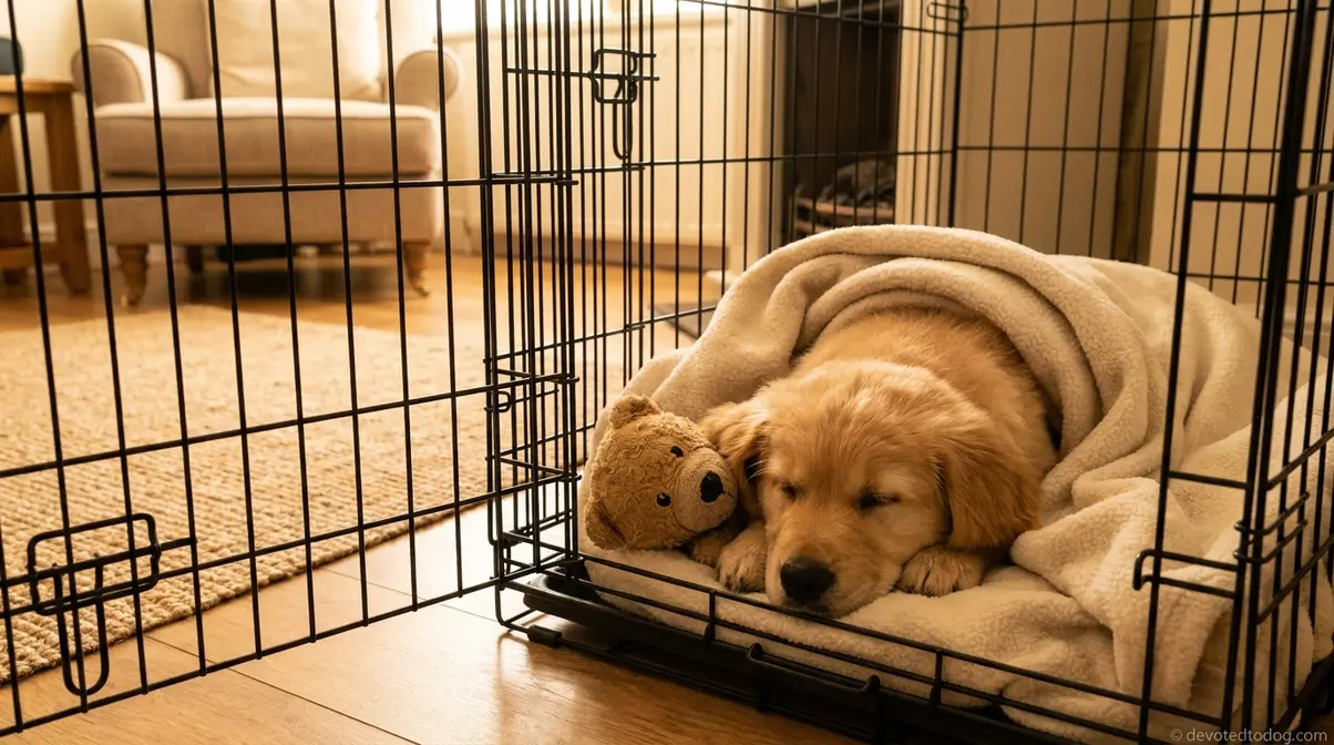 Golden retriever puppy sleeping in a crate with soft bedding and comfort toy for safe sleep setup