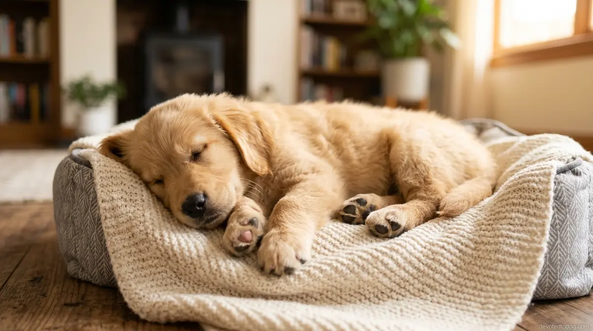 Golden retriever puppy sleeping deeply on a soft blanket during healthy developmental rest
