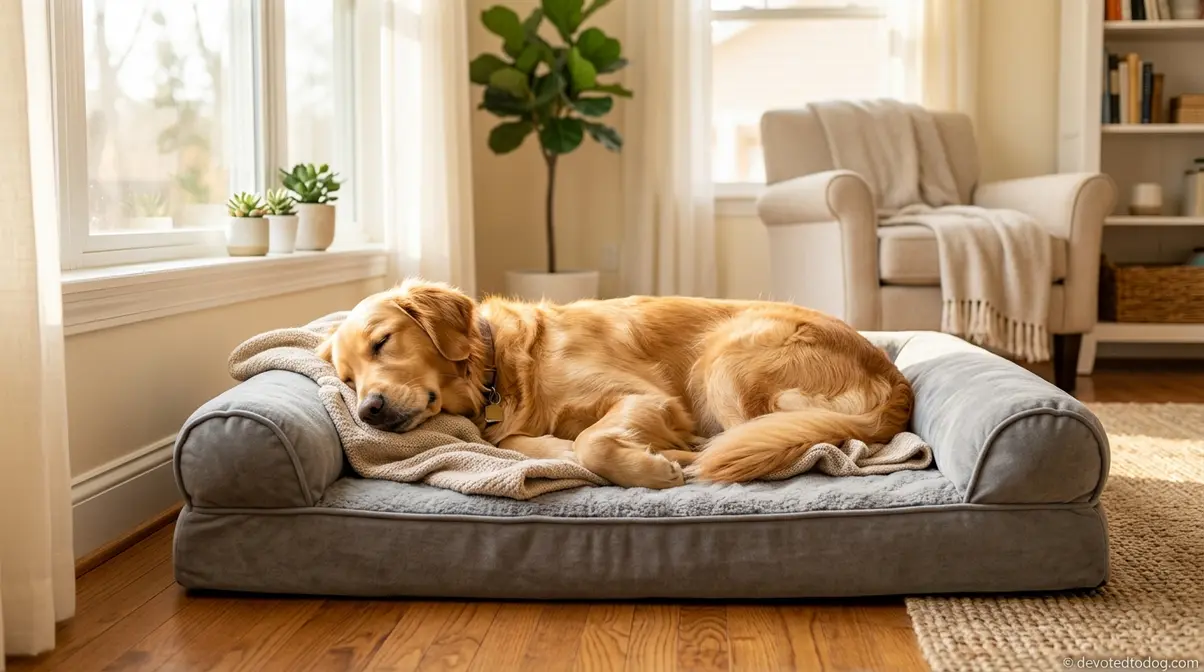 Adult golden retriever sleeping on an orthopedic dog bed during a healthy afternoon nap