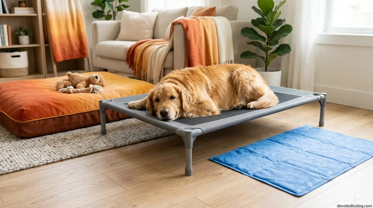Golden retriever resting on an elevated cooling cot in a well-designed indoor sleep setup
