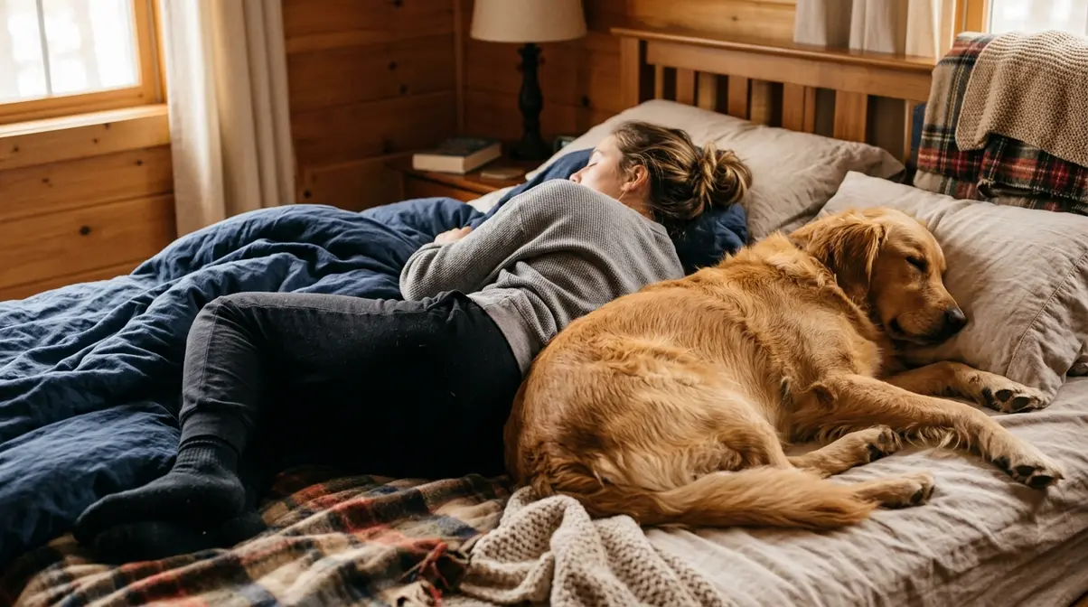 Golden retriever sleeping snuggled back-to-back against their owner showing deep trust and bonding