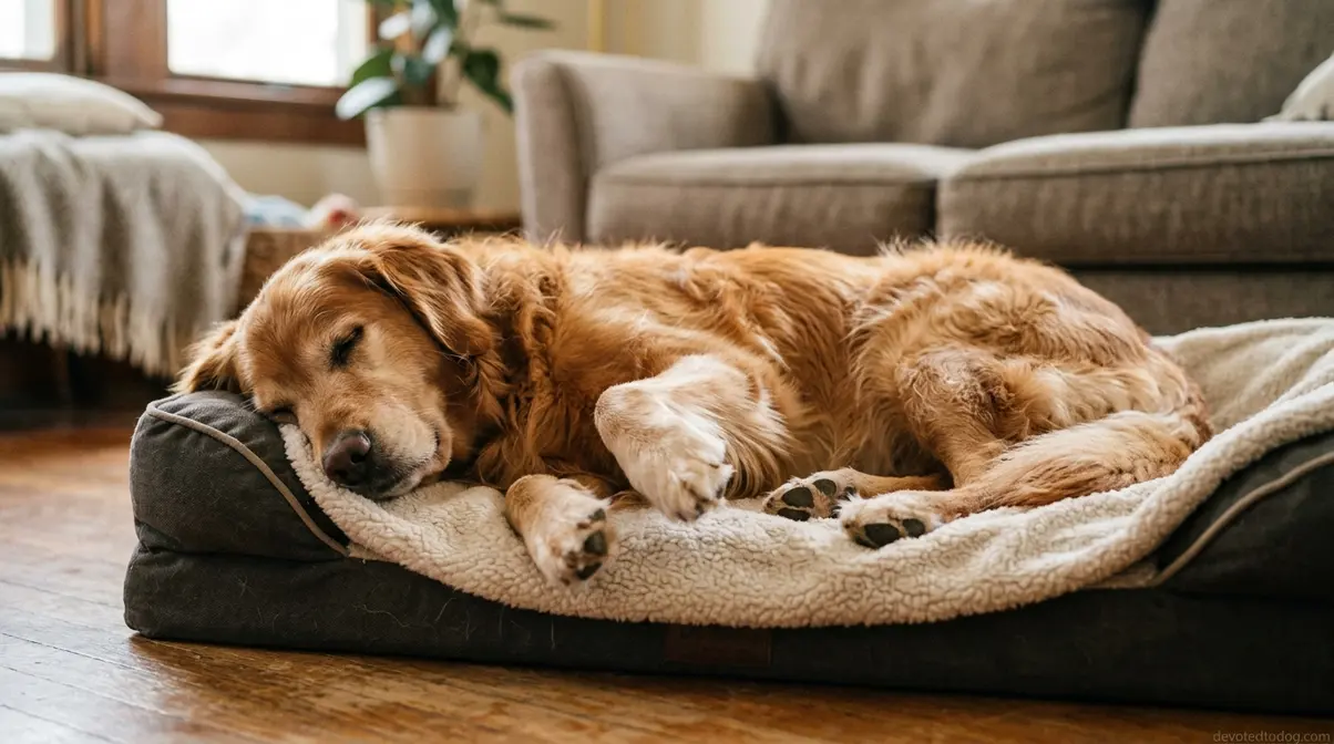 Golden retriever twitching and paddling paws during REM dream sleep on a dog bed