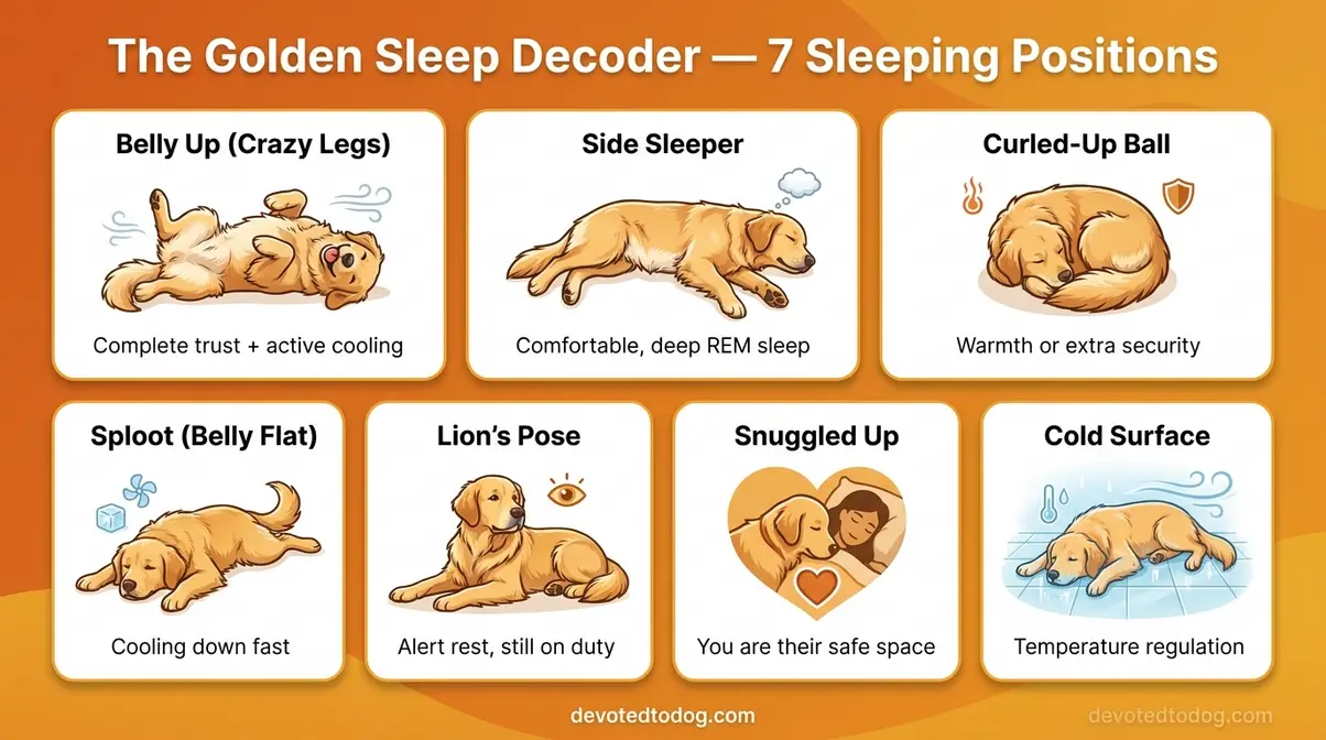 Infographic showing 7 golden retriever sleeping positions and their meanings including sploot and upside-down crazy legs