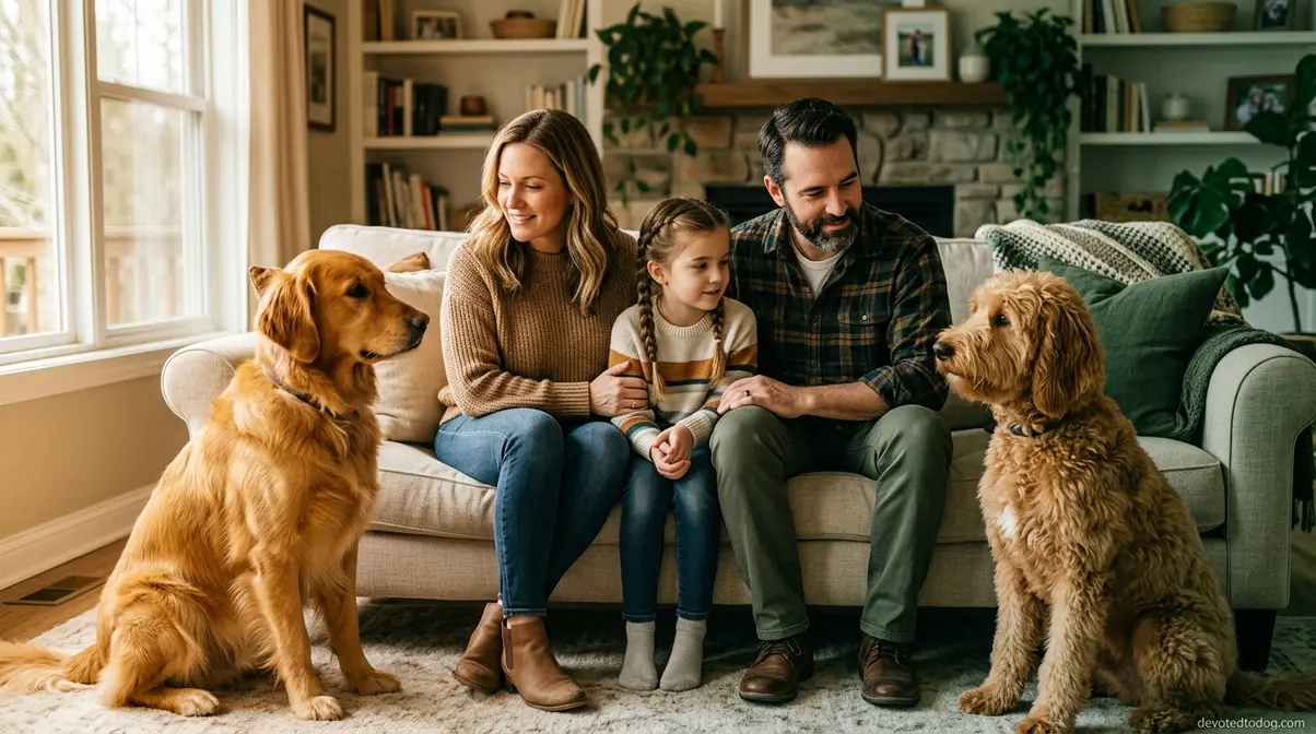 Family considering Golden Retriever versus Goldendoodle for their home lifestyle and budget decision