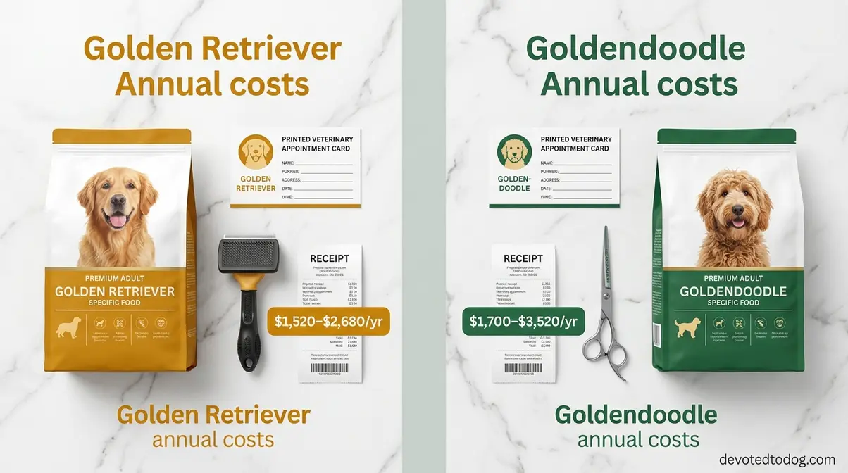 Annual ownership cost comparison for Golden Retriever and Goldendoodle showing food vet and grooming expenses