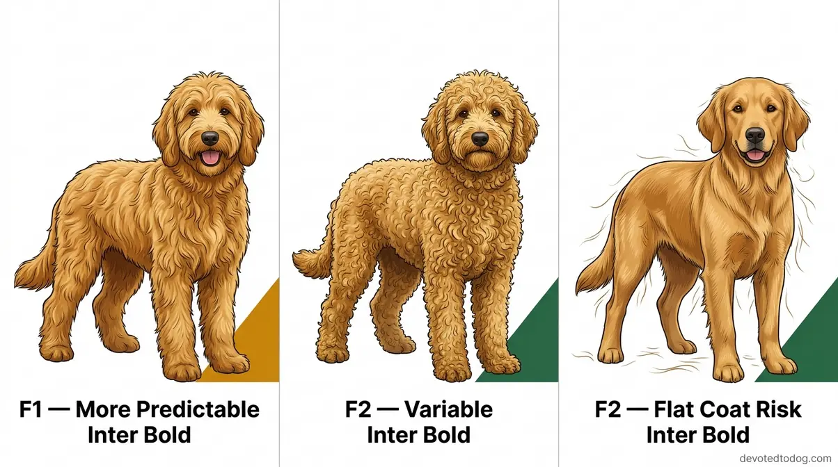 F1 versus F2 Goldendoodle coat comparison showing predictable wavy coat versus variable and flat coat outcomes