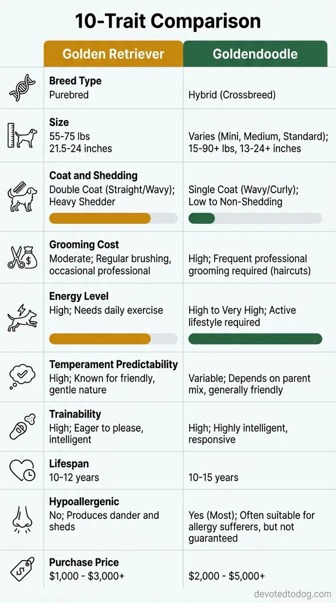 Golden Retriever vs Goldendoodle comparison chart showing shedding grooming cost energy and temperament across ten traits