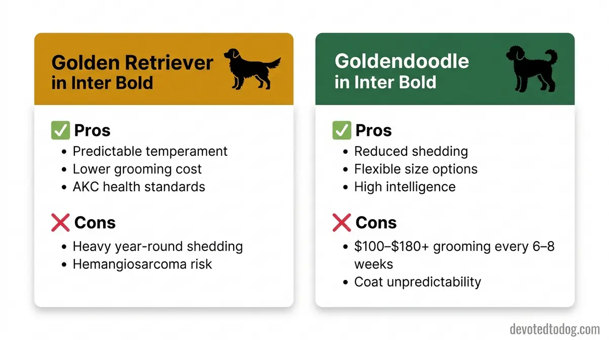 Golden retriever vs goldendoodle pros and cons comparison infographic for family dog selection