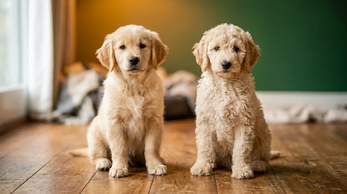 Golden Retriever puppy and Goldendoodle puppy side by side showing coat texture differences at eight weeks