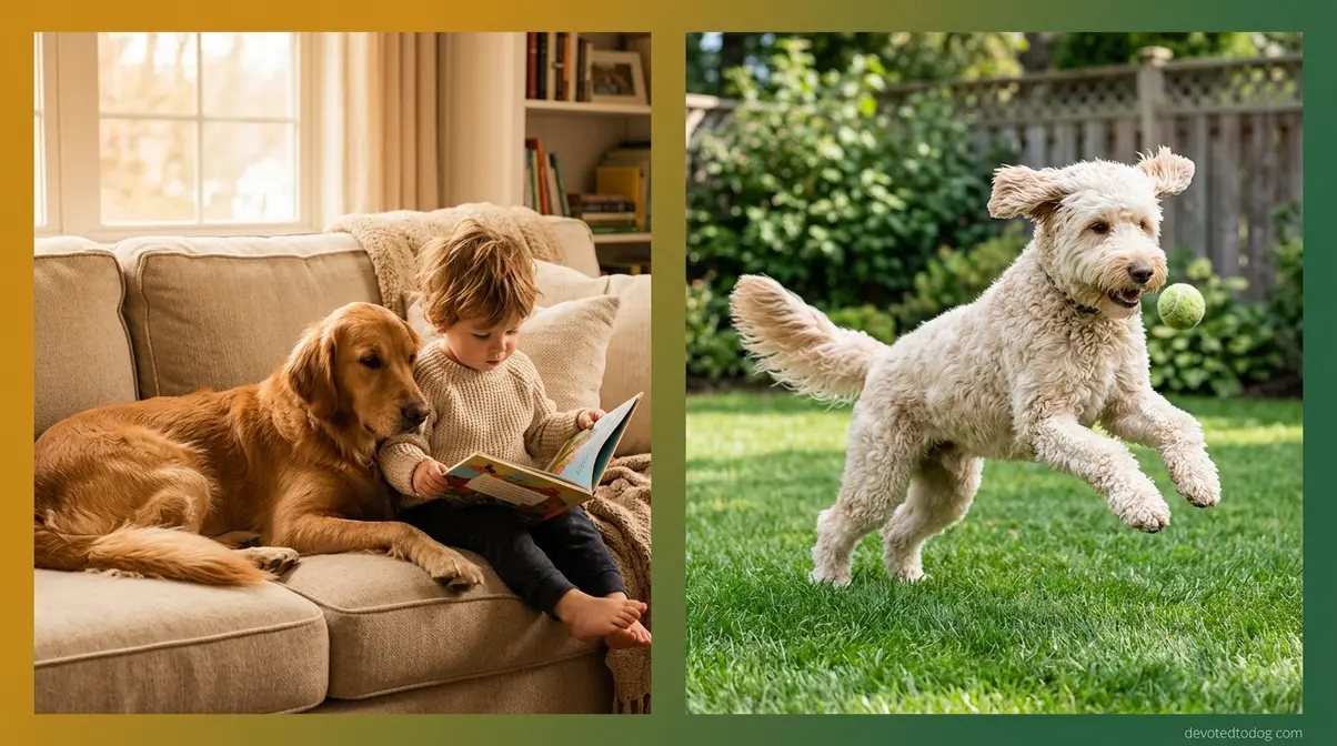 Golden Retriever resting calmly indoors beside child contrasted with energetic Goldendoodle playing outside