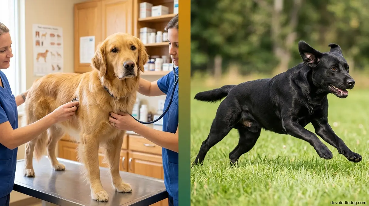 Golden Retriever at veterinary exam highlighting health monitoring needs compared to active Labrador Retriever outdoors