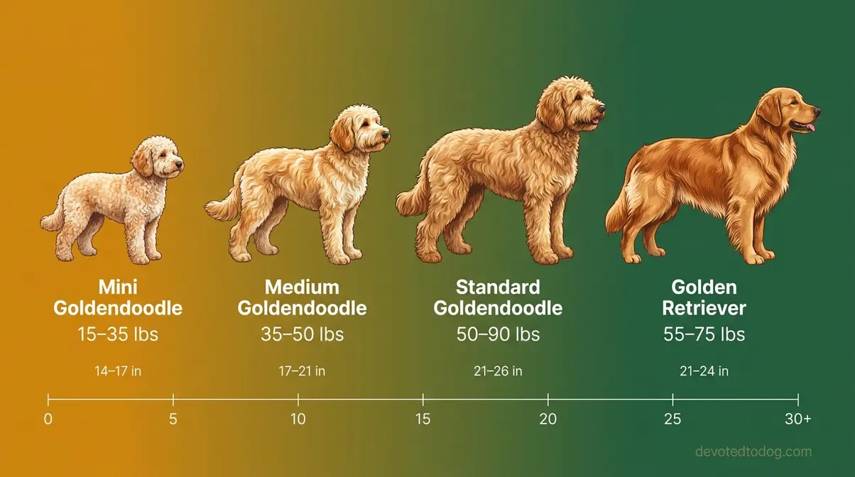 Goldendoodle size comparison chart mini medium standard versus golden retriever weight and height illustrated