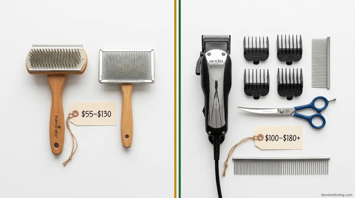 Grooming tools and cost comparison for Golden Retriever versus Goldendoodle showing price difference per session