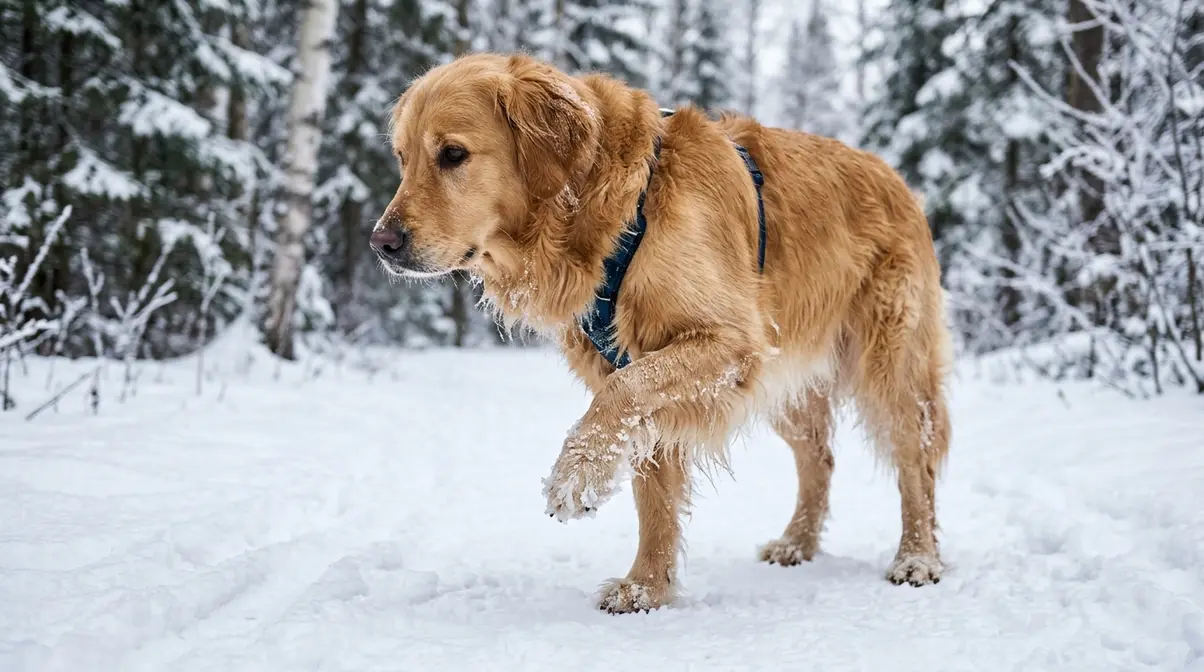 Golden Retriever lifting a cold paw while standing in winter snow