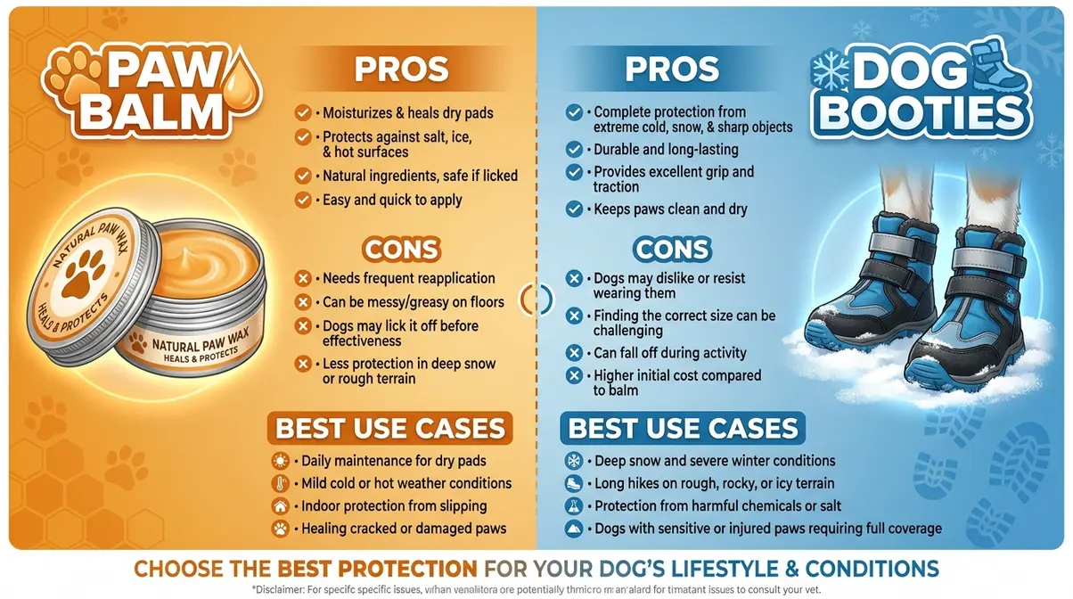 infographic comparing paw balm and dog booties for golden retriever winter paw protection showing pros cons and best use cases