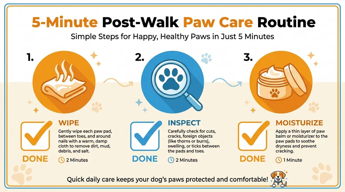 checklist infographic for golden retriever post-walk paw care routine showing three steps wipe inspect moisturize