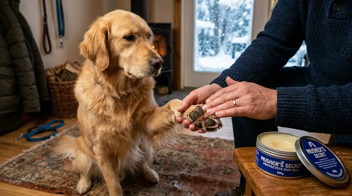 Owner applying protective paw balm to a Golden Retriever