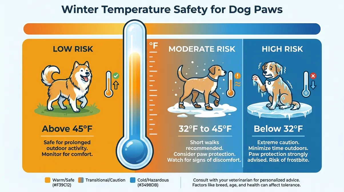 golden retriever paw care winter temperature safety chart showing risk levels at 45°F 32°F and below