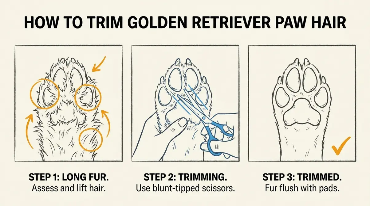 step-by-step diagram showing golden retriever paw hair trimmed flush with paw pad for winter care