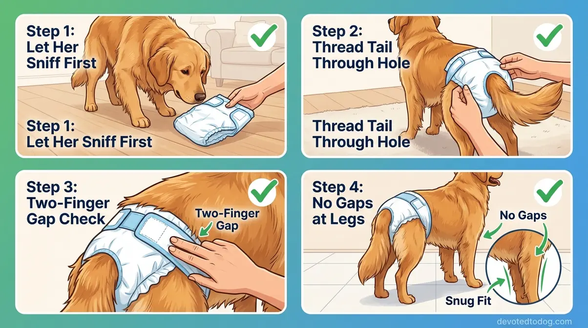 Step-by-step diagram showing correct dog diaper fitting on a Golden Retriever with tail hole and waistband check