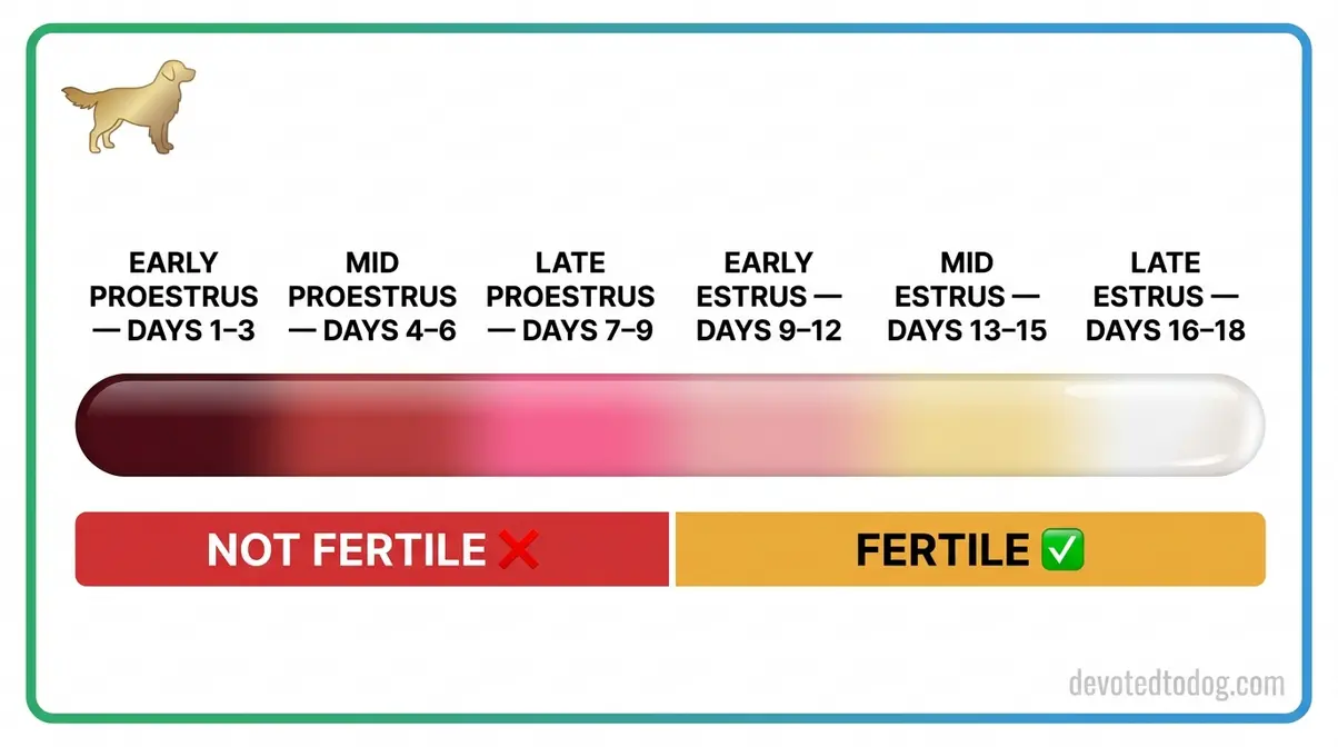Chart showing Golden Retriever discharge color progression from dark red to clear across heat stages