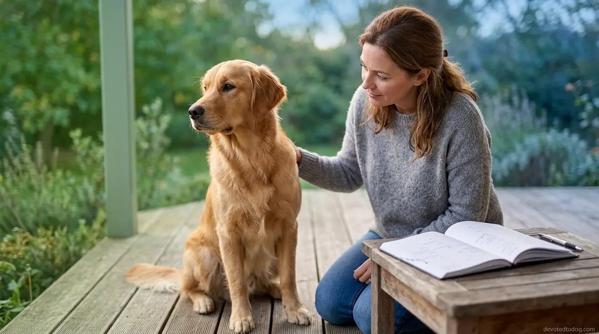 Young female Golden Retriever at first heat age of 10 to 14 months with attentive owner