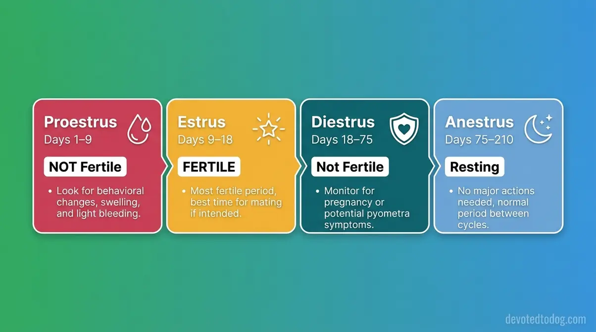 Visual timeline of four Golden Retriever heat cycle stages with day ranges and fertility status