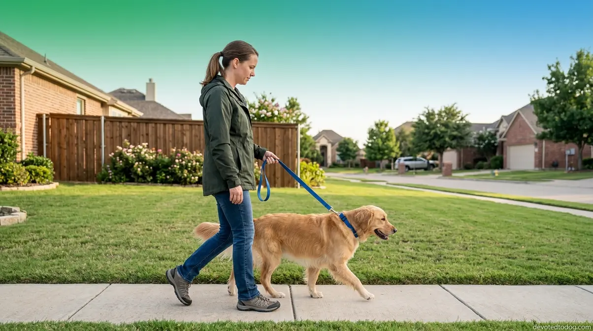 Golden Retriever on leash with attentive owner during heat cycle outdoor supervision
