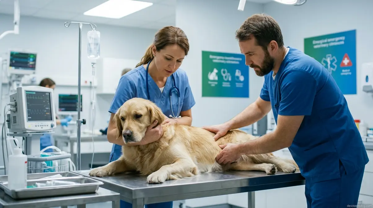 Golden Retriever receiving emergency veterinary examination for Pyometra symptoms after heat cycle