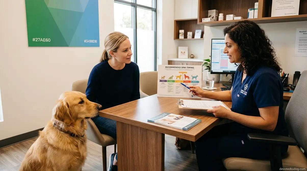 Golden Retriever owner consulting veterinarian about optimal spay timing after first heat cycle