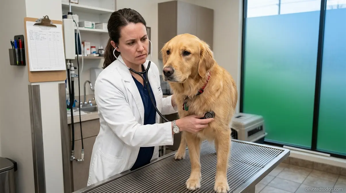 Veterinarian examining a Golden Retriever for Pyometra symptoms after heat cycle