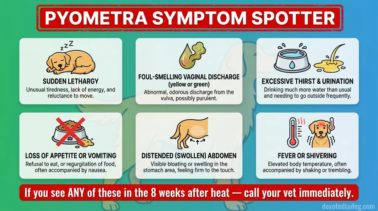 Pyometra symptom spotter infographic showing six warning signs in Golden Retrievers after heat cycle