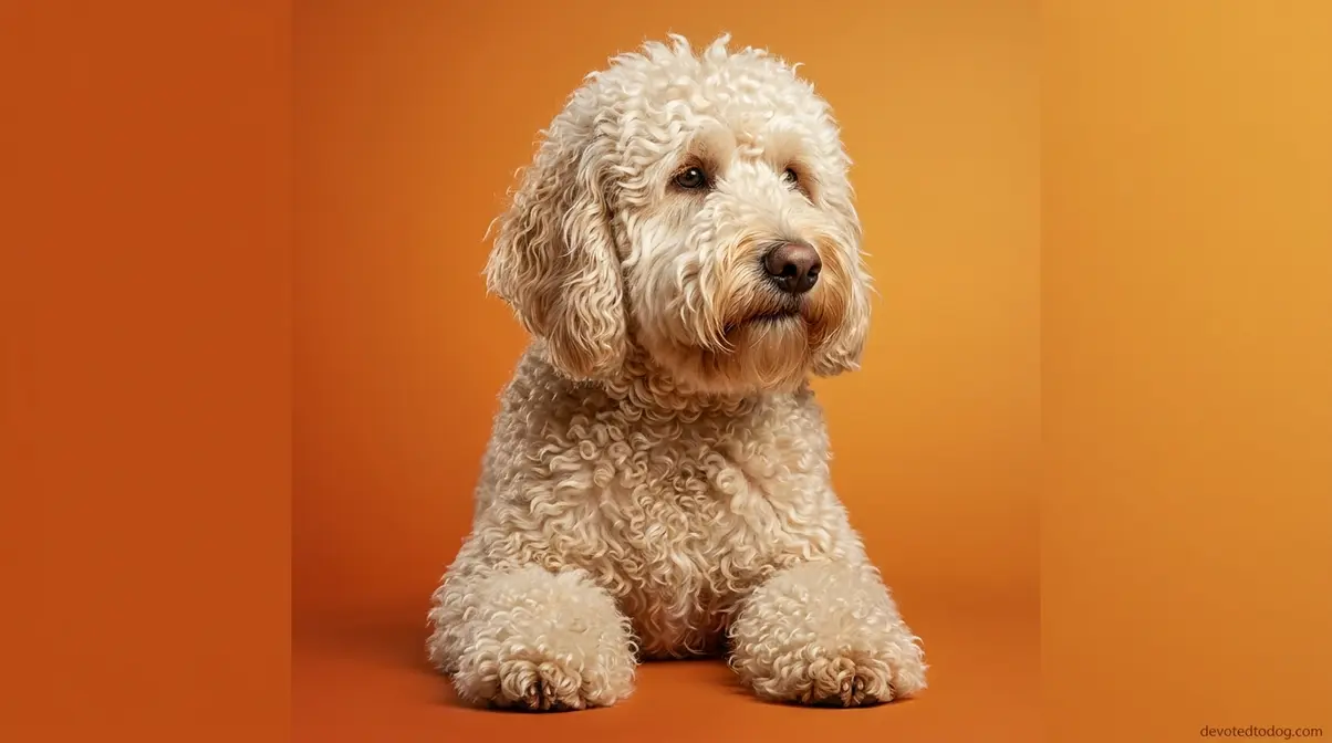 Curly coat Goldendoodle with tight Poodle-like ringlets and full beard furnishings