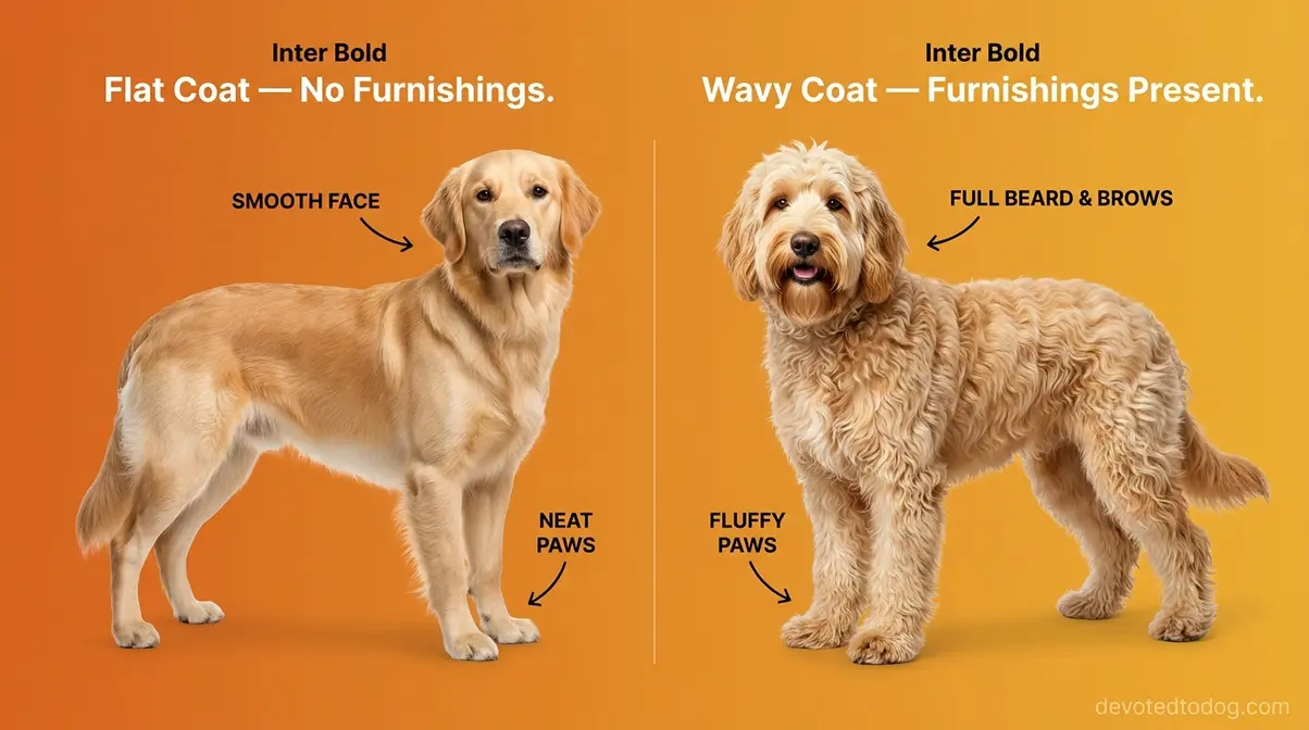 Side-by-side comparison of flat coat Goldendoodle with no furnishings versus wavy coat with full beard