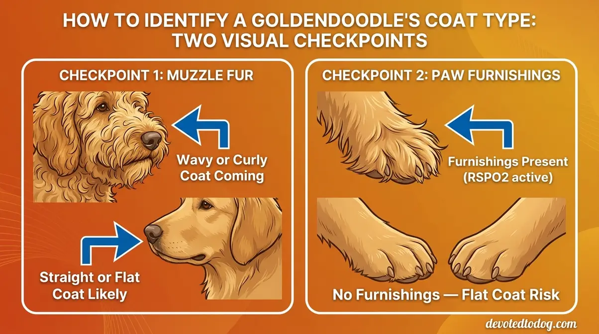 Illustrated diagram showing goldendoodle muzzle fur and paw tufts used to identify coat type