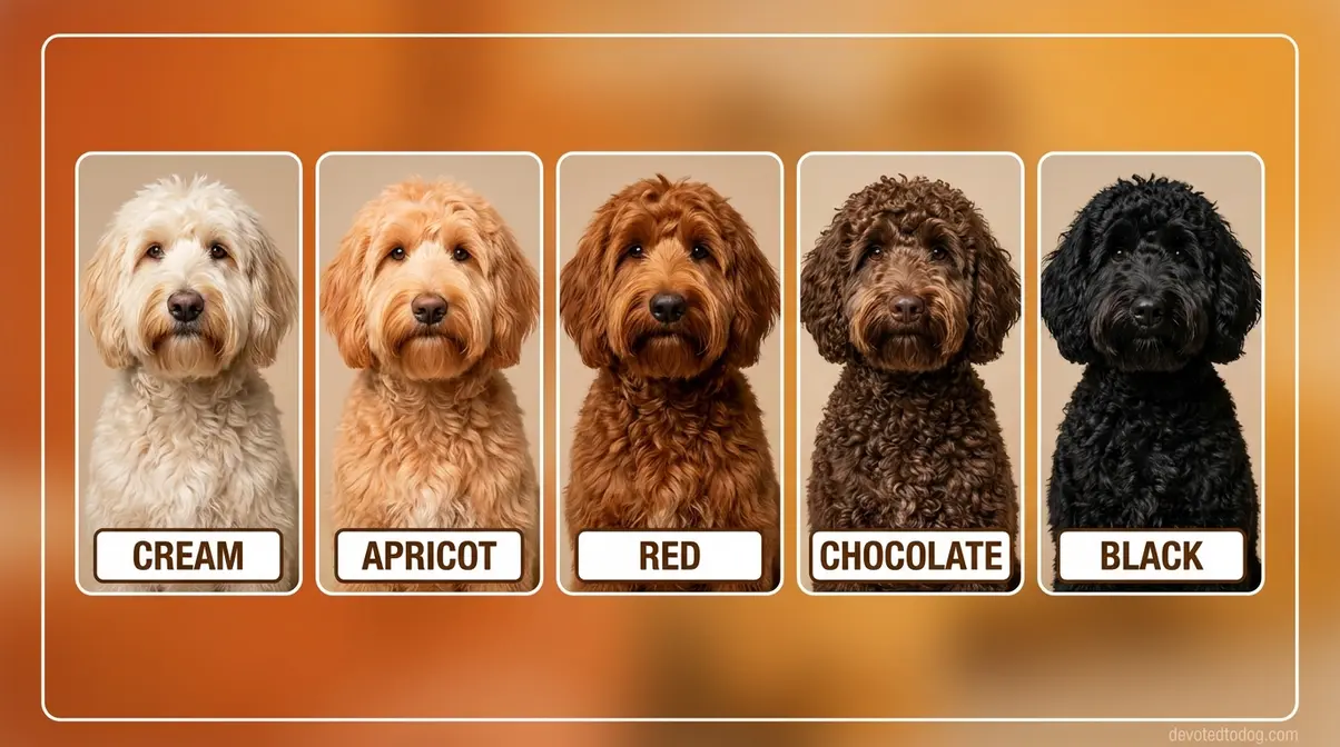 Goldendoodle color gallery showing cream, apricot, red, chocolate, and black coat variations side by side