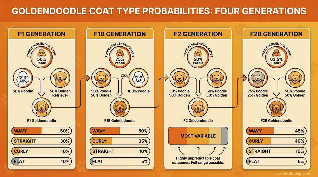 Illustrated chart showing Goldendoodle generations F1 F1B F2 F2B with Poodle percentage and coat type probability