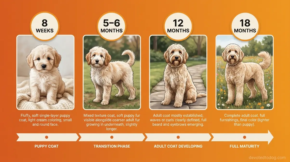 Timeline showing Goldendoodle puppy coat transition from 8 weeks through 6 months to 18 months adult coat