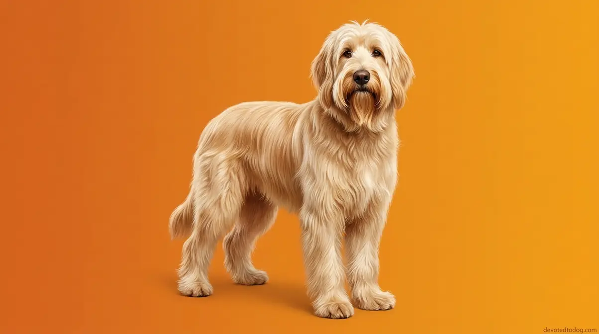 Straight coat Goldendoodle with smooth flat fur and beard and eyebrow furnishings intact