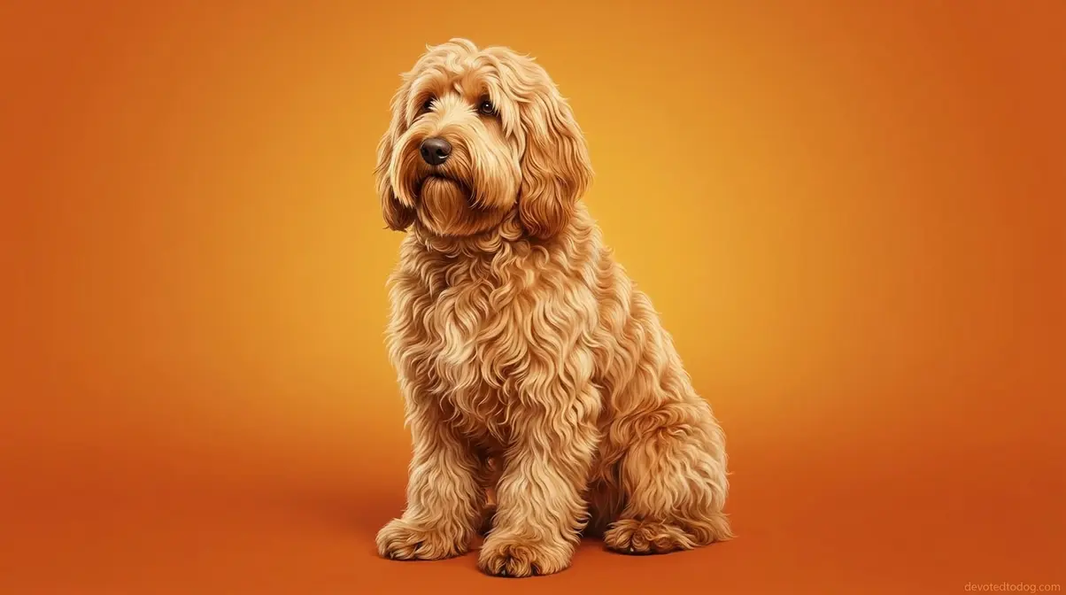 Wavy coat Goldendoodle with loose S-shaped waves and full beard and eyebrow furnishings