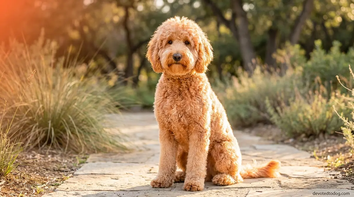 Apricot Goldendoodle with warm peachy coat showing the most popular goldendoodle colors and patterns