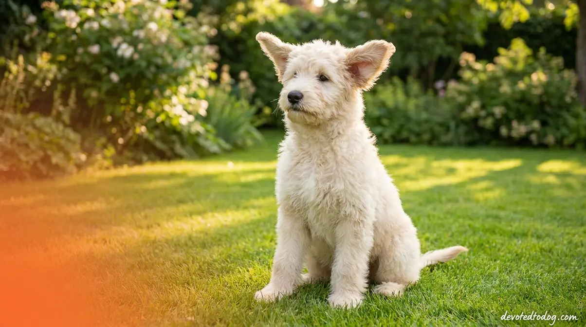 Cream Goldendoodle puppy with pale off-white coat sitting outdoors in natural light